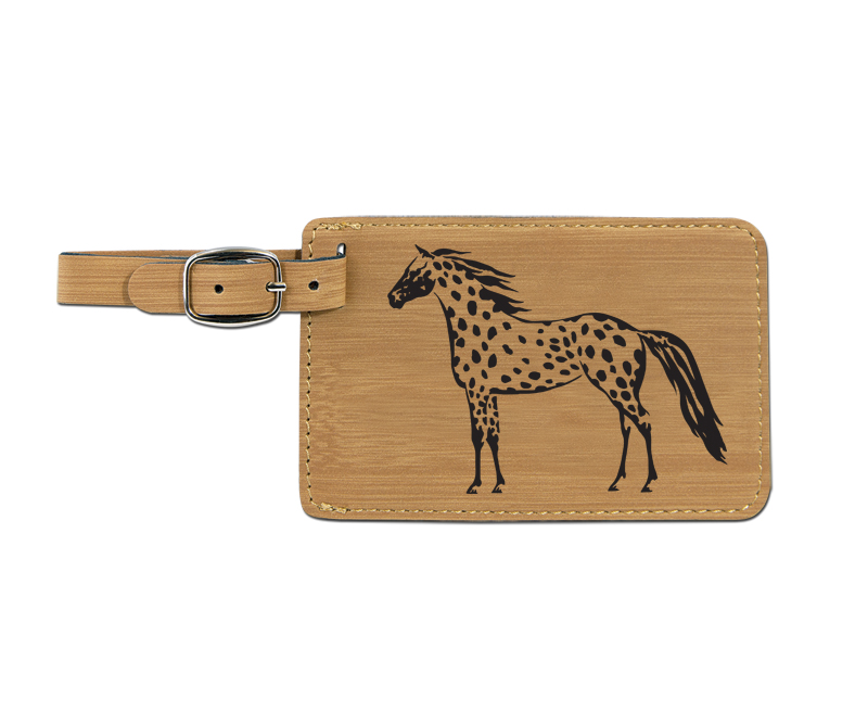 Leatherette engraved horse design 3 luggage tag with a white ID information card. Equestrian Luggage Tag
