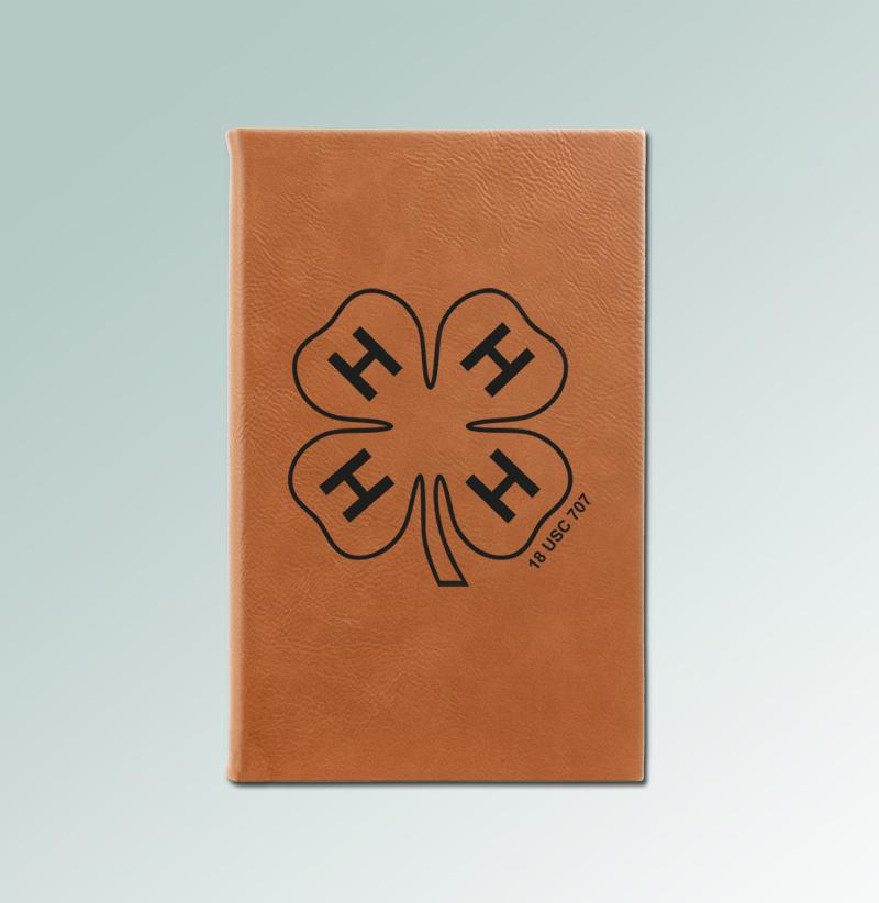 Custom engraved leatherette 4-H journal with your choice of 4-H logo and personalized text. 6+ 4-H logos to choose from.