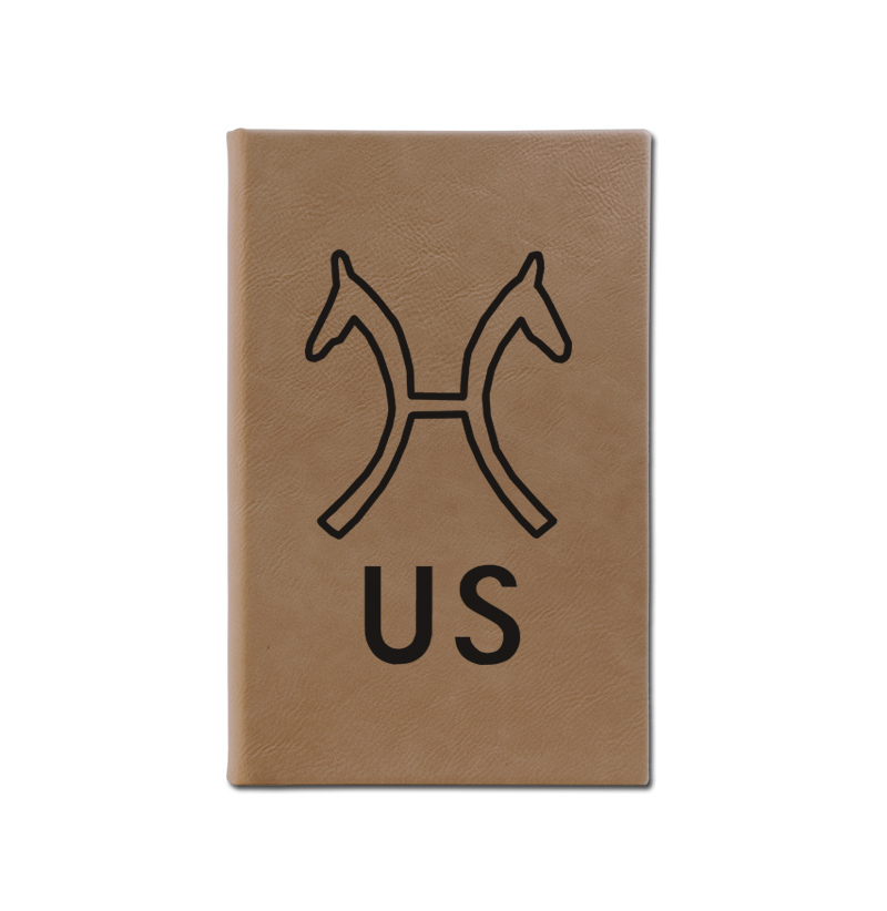 Personalized leatherette journal with custom engraved horse breed logo and text.