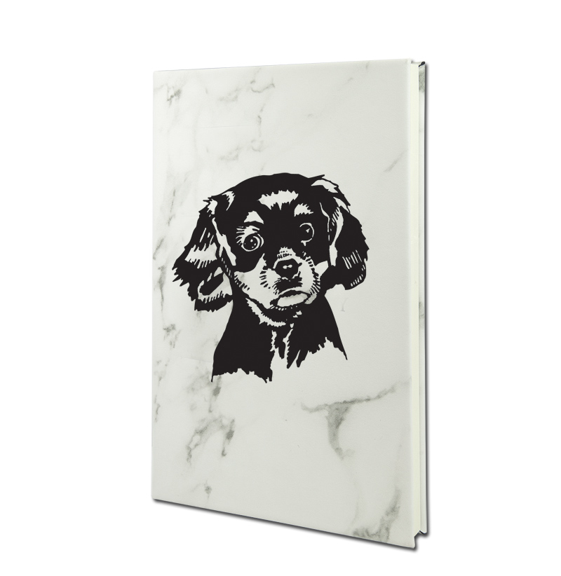 Custom engraved leatherette journal with your choice of dog design 4 and personalized text. Puppy Journal