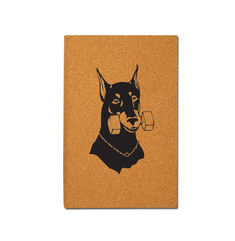 Personalized leatherette journal with custom engraved Doberman dog design and text.