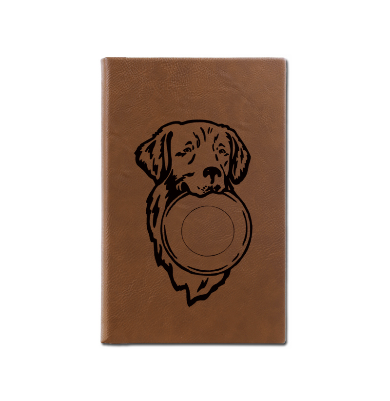 Personalized leatherette journal with custom engraved Golden Retriever dog design and text.