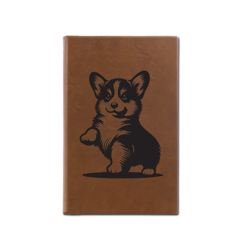 Personalized leatherette journal with custom engraved Welsh Corgi dog design and text.