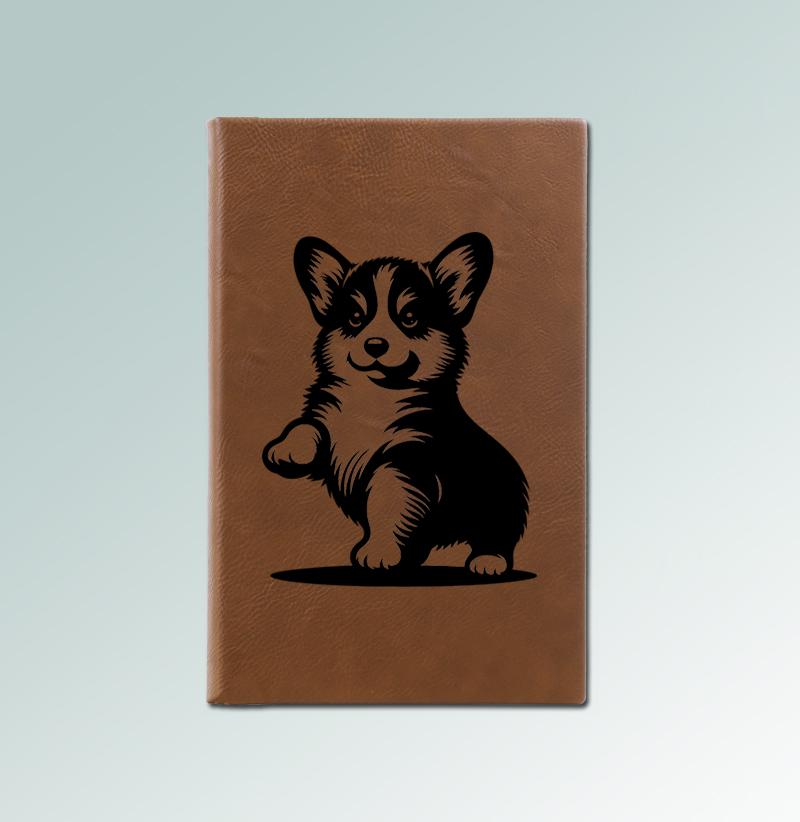 Custom engraved leatherette corgi journal with your choice of corgi design and personalized text. 100+ corgi designs to choose from.