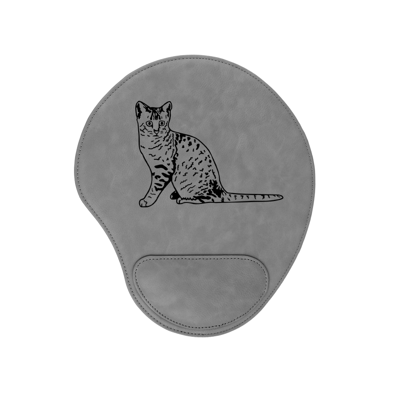 Personalized leatherette mouse pad with custom engraved cat design and text.