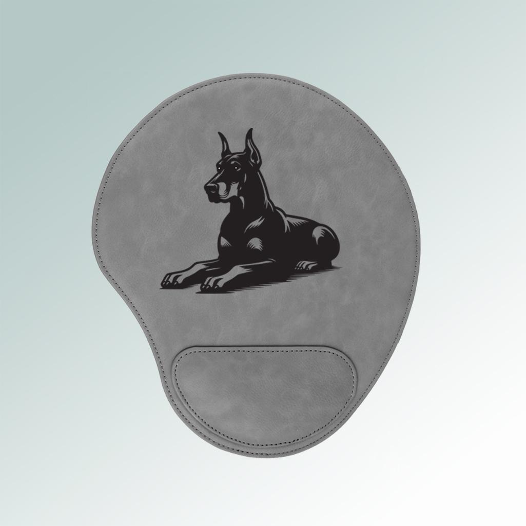 Custom leatherette doberman mouse pad with personalized text and a doberman dog design. 25+ Doberman designs to choose from.