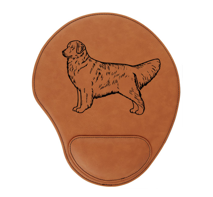 Personalized leatherette mouse pad with custom engraved Golden Retriever dog design and text.