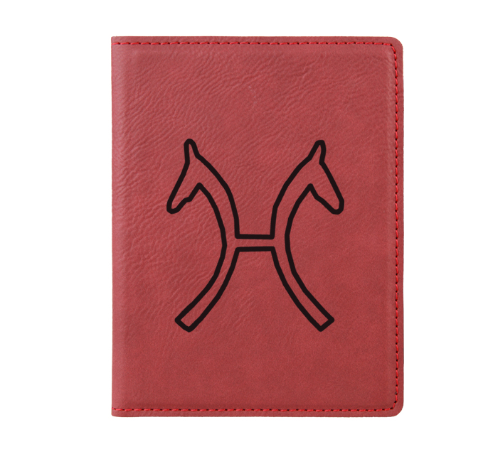 Personalized leatherette passport cover with custom engraved horse breed logo and text. Equestrian Passport Cover