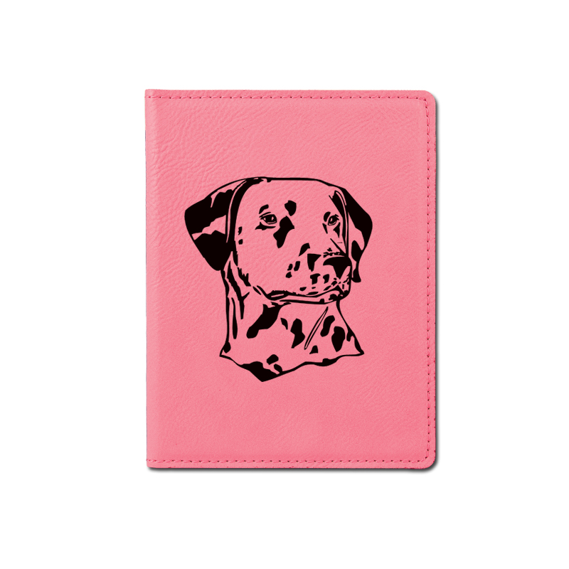 Personalized leatherette passport cover with custom engraved dog design 2 and text. Dog Design Passport Cover