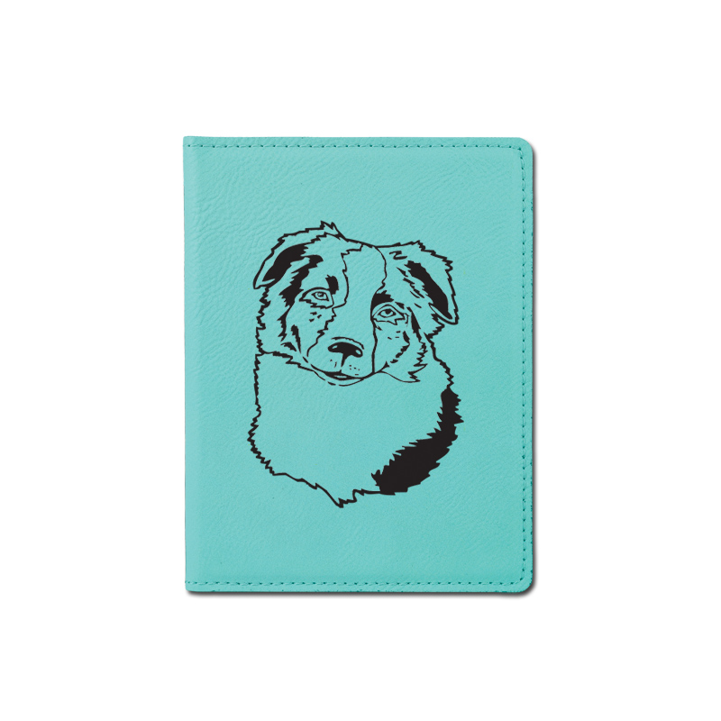 Personalized leatherette passport cover with custom engraved dog design 3 and text.