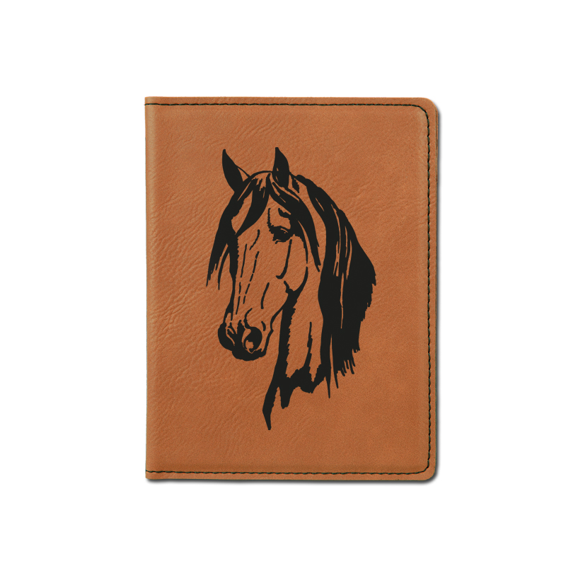 Personalized leatherette passport cover with custom engraved horse design 2 and text. Equestrian Passport Cover