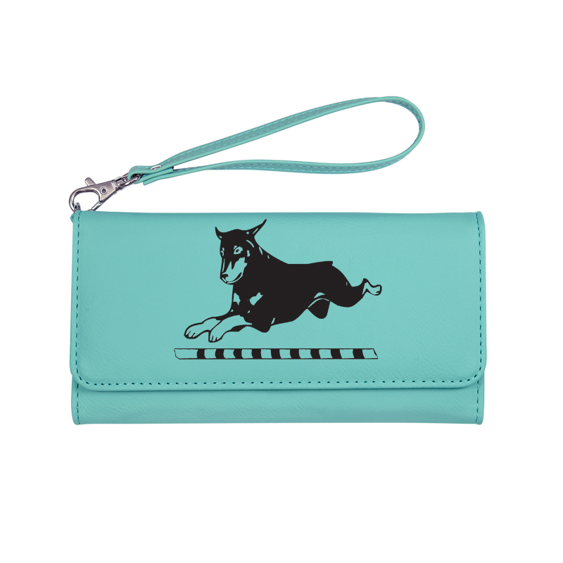 Personalized leatherette wallet with a removable wrist strap. Comes with your choice of doberman design. Doberman Wrist Wallet