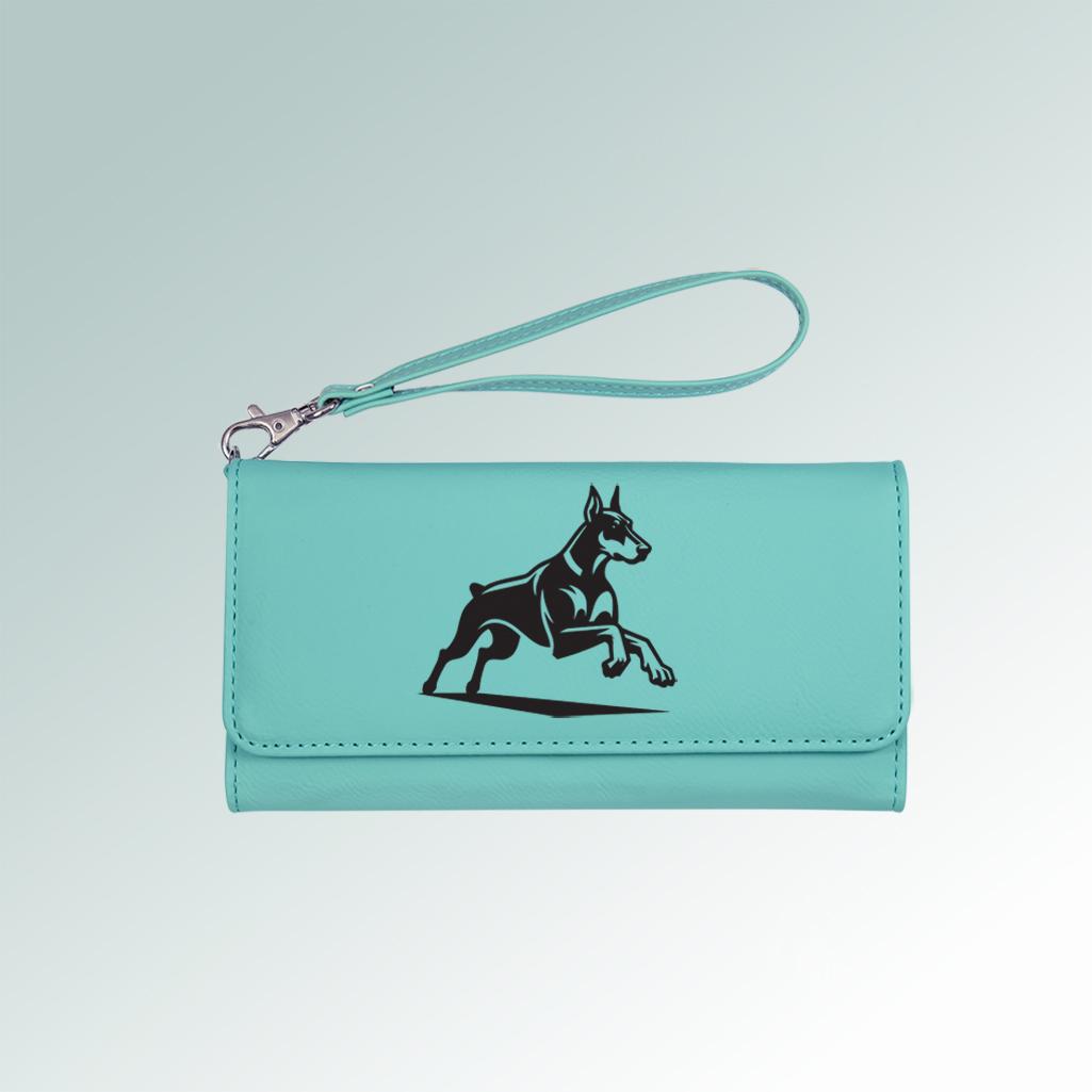 Personalized leatherette doberman wallet with a removable wrist strap. 25+ Doberman designs to choose from.