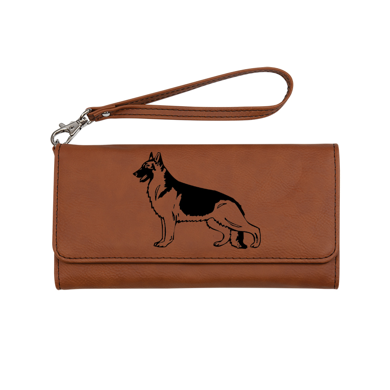 Personalized leatherette wallet with a removable wrist strap. Comes with your choice of dog design 1. Dog Wrist Wallet