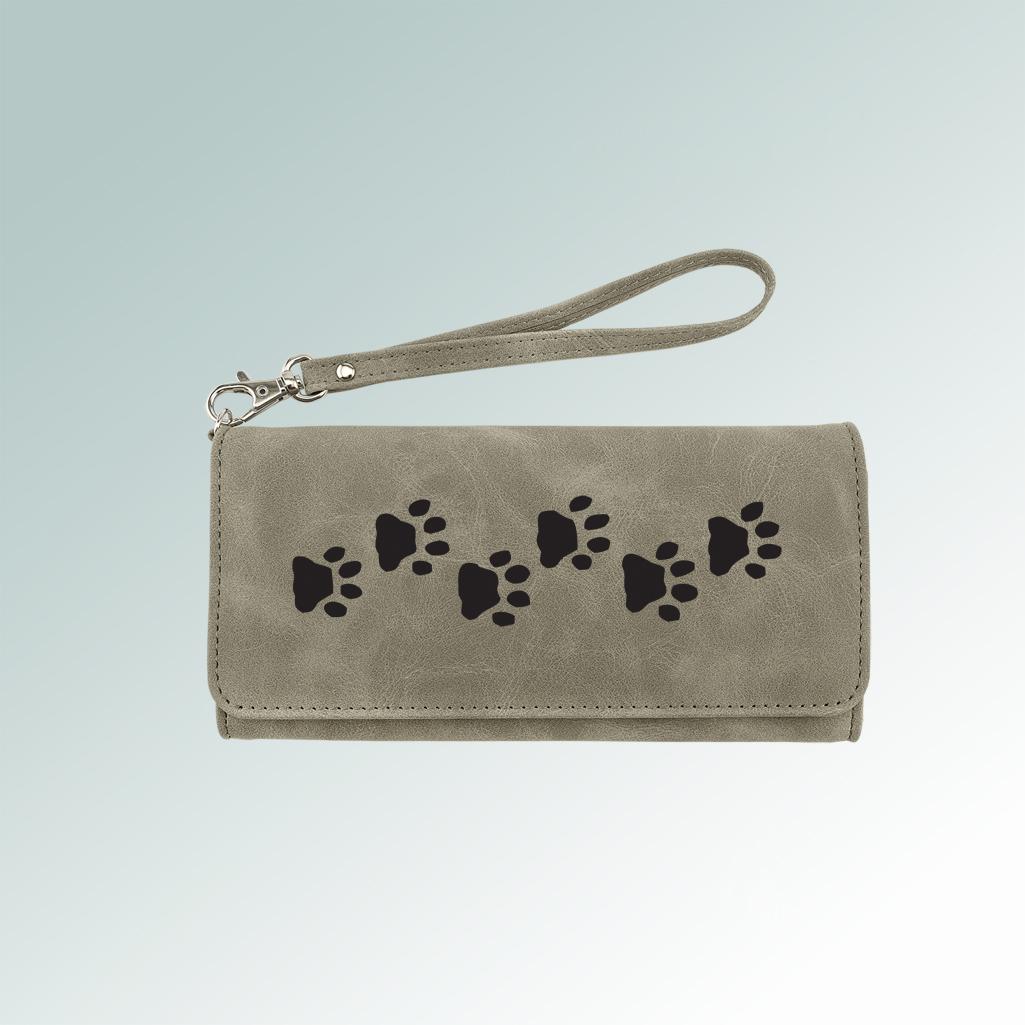 Personalized leatherette wallet with a removable wrist strap. 100+ dog breeds to choose from.