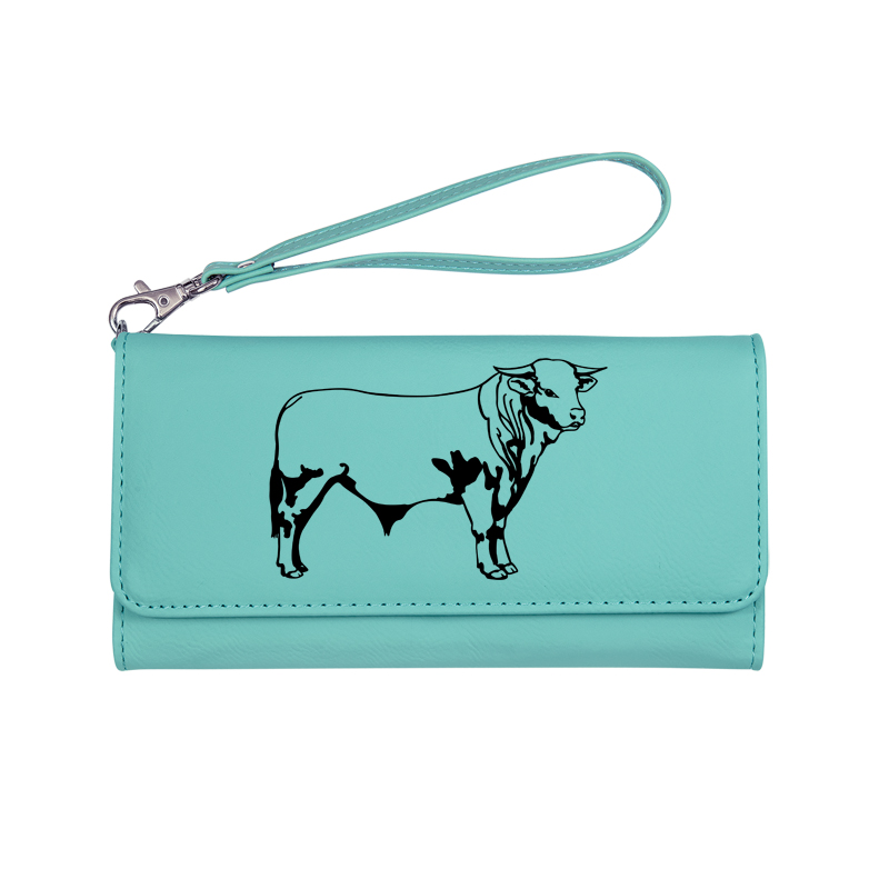Personalized leatherette wallet with a removable wrist strap. Comes with your choice of farm animal design. Cow Wallet
