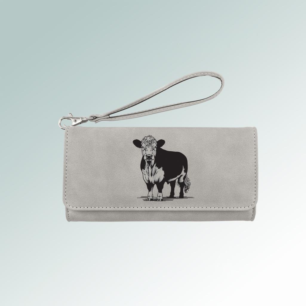 Custom engraved leatherette farm animal wallet with a removable wrist strap. 100+ farm animal designs to choose from.