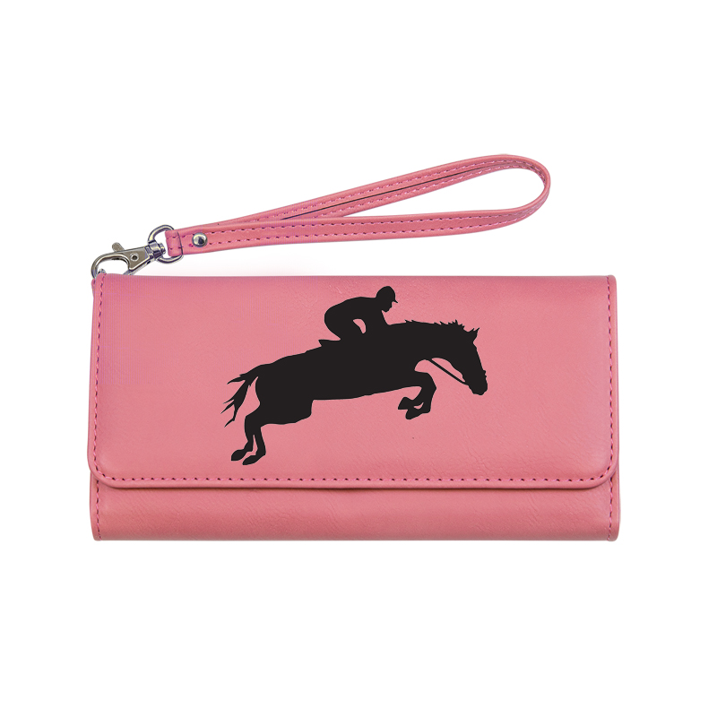 Custom engraved horse design leatherette wallet with a removable wrist strap. Equestrian Wrist Wallet