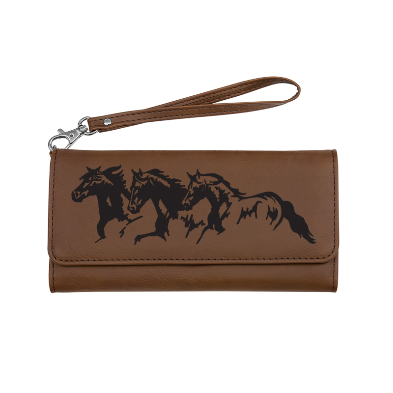 Personalized leatherette wallet with a removable wrist strap. Comes with your choice of horse design 2. Horse Wrist Wallet
