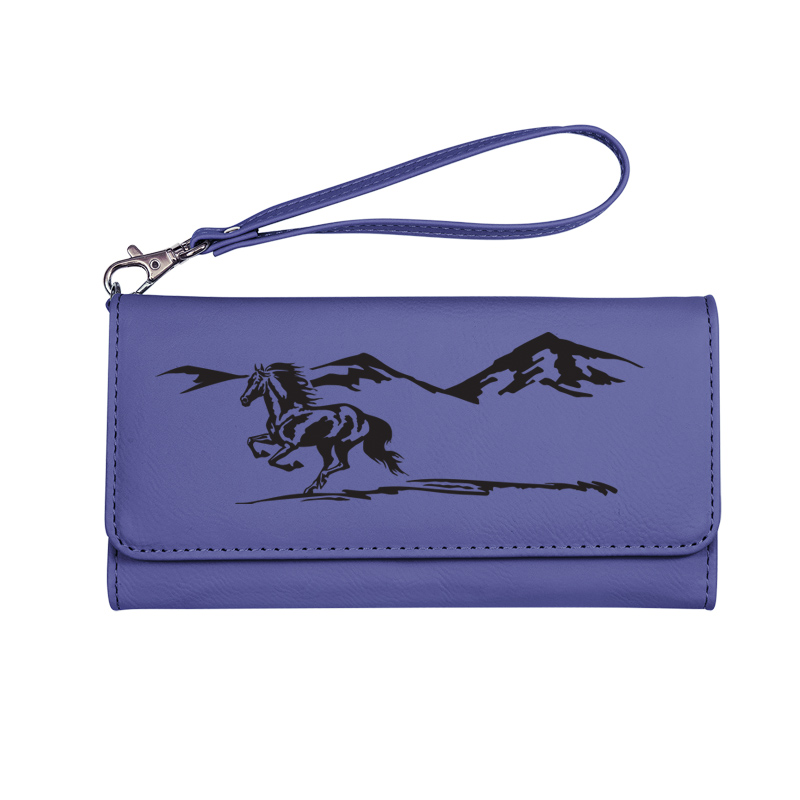 Custom engraved horse design 3 leatherette wallet with a removable wrist strap. Equestrian Wrist Wallet