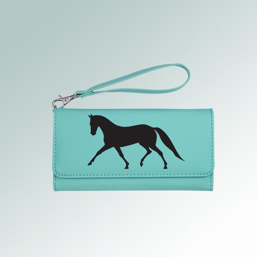 Personalized leatherette horse silhouette wallet with a removable wrist strap. 85+ horse silhouettes to choose from.