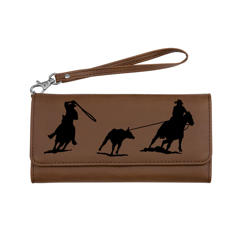Custom engraved rodeo design leatherette wallet with a removable wrist strap. Rodeo Wallet