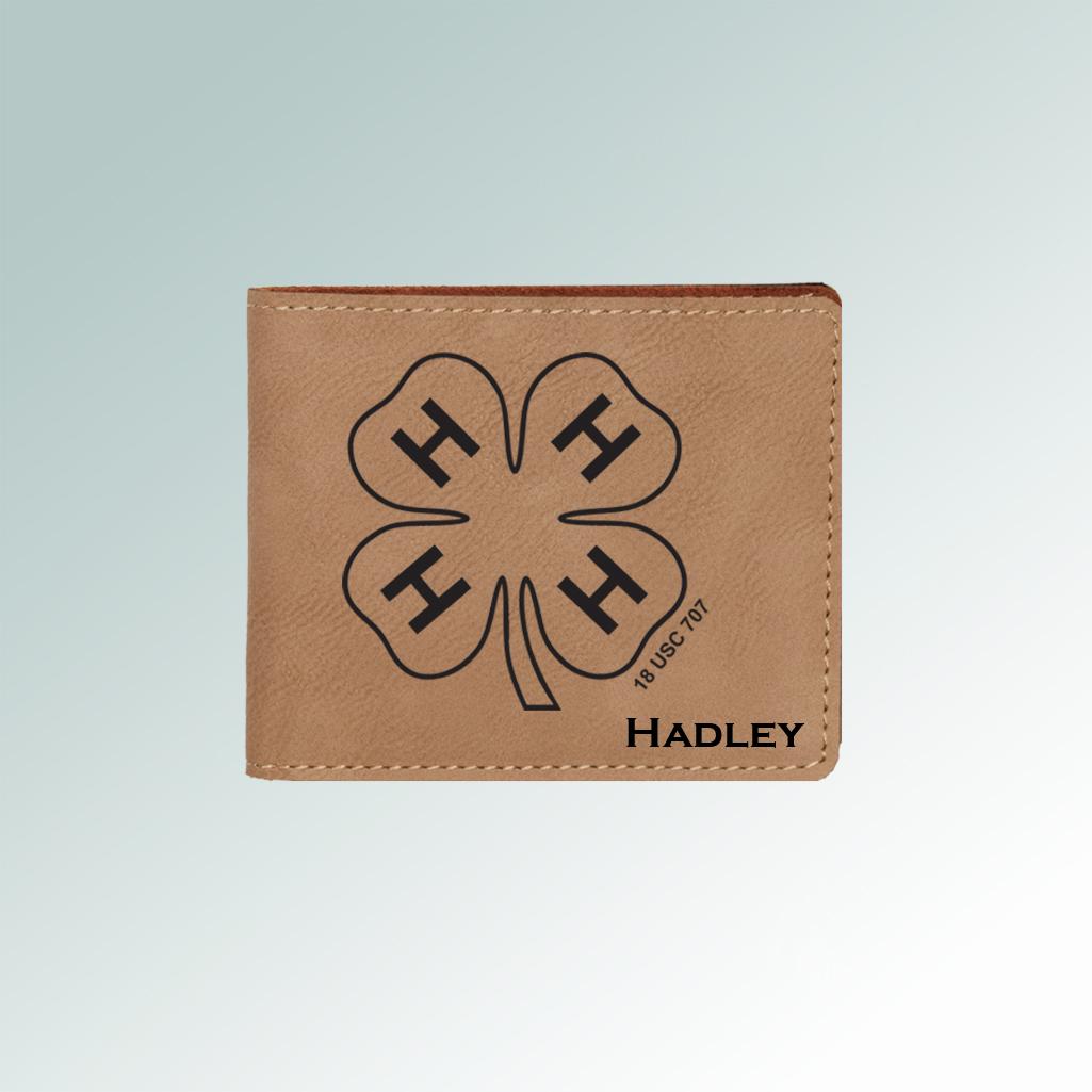 Personalized leatherette horse breed wallet with an engraved 4-H logo and text. 6+ 4-H logos to choose from.