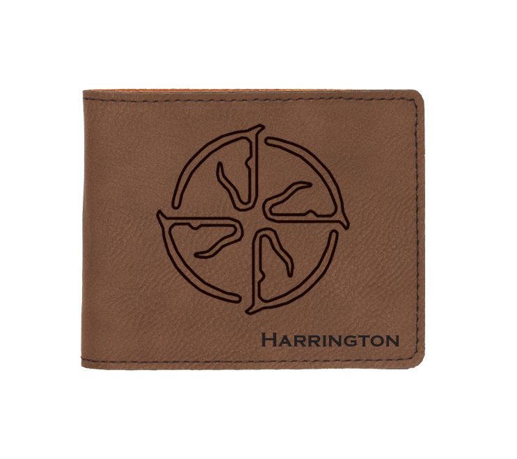 Custom engraved leatherette bi-fold wallet with horse breed logo and custom text. Makes a great father's day gift, horse show award, corporate gift, graduation present or equestrian gift.