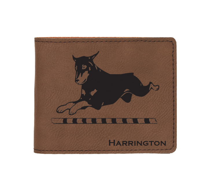 Custom engraved leatherette bi-fold wallet with Doberman dog design and custom text.