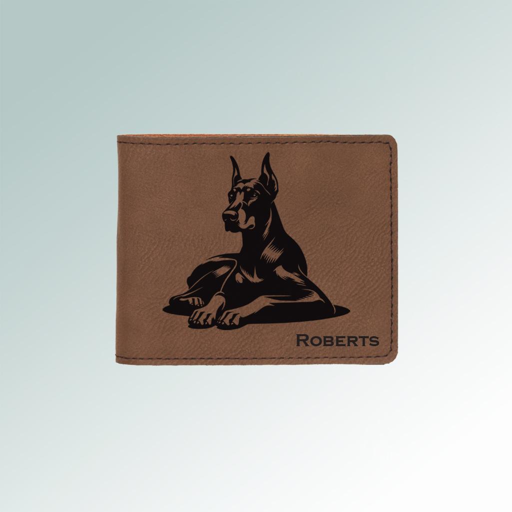 Personalized leatherette doberman wallet with an engraved doberman design and text. Makes a great father's day gift. 25+ Doberman designs to choose from.