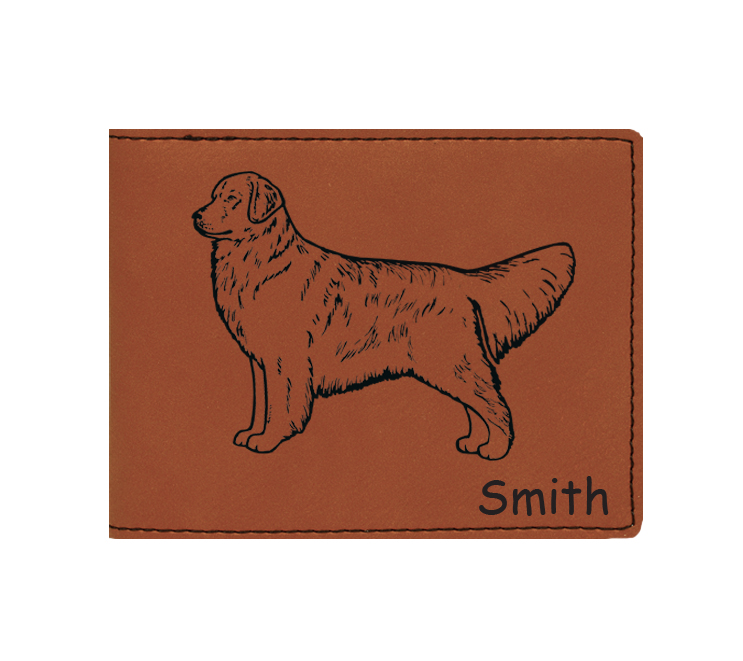 Custom engraved leatherette bi-fold wallet with Golden Retriever dog design and personalized text.