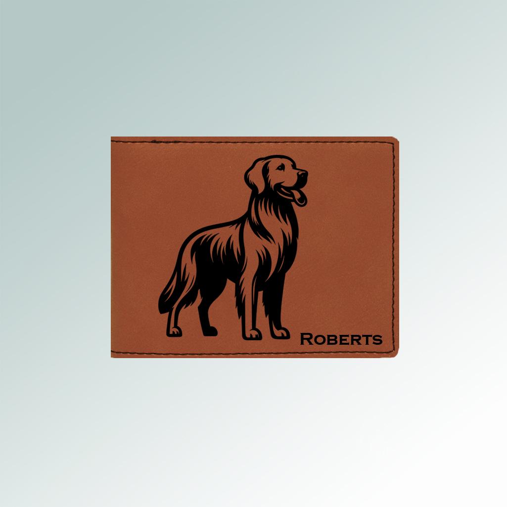 Personalized leatherette Golden Retriever wallet with ab engraved Golden Retriever dog design and text. 80+ Golden Retriever designs to choose from.