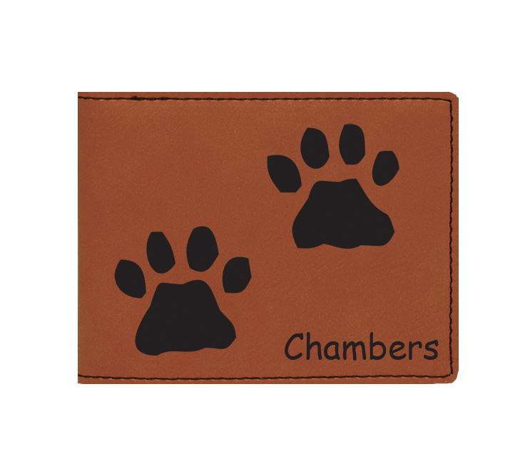 Custom engraved leatherette bi-fold wallet with dog design and custom text.