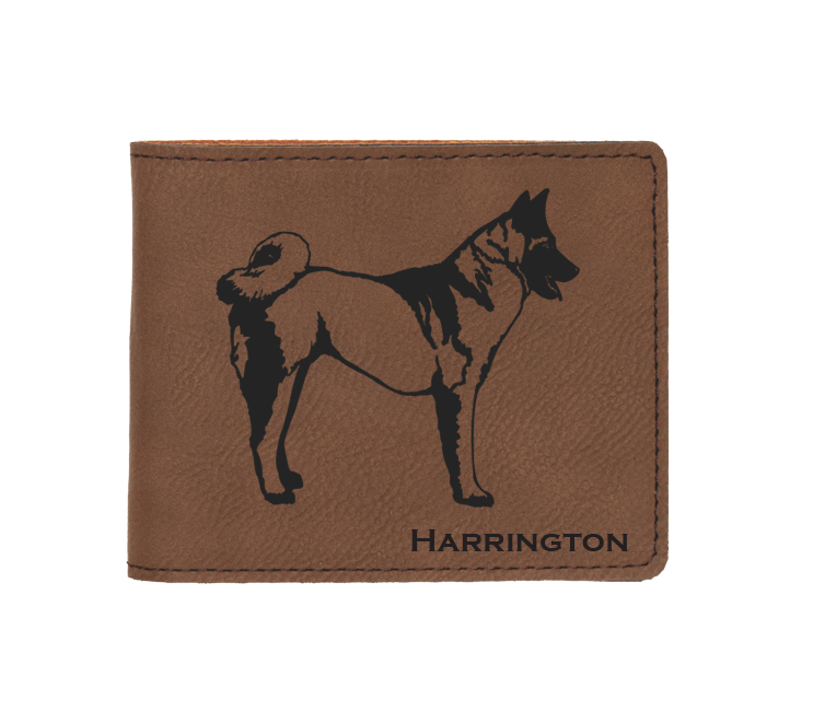 Custom engraved leatherette bi-fold wallet with dog design 3 and custom text.