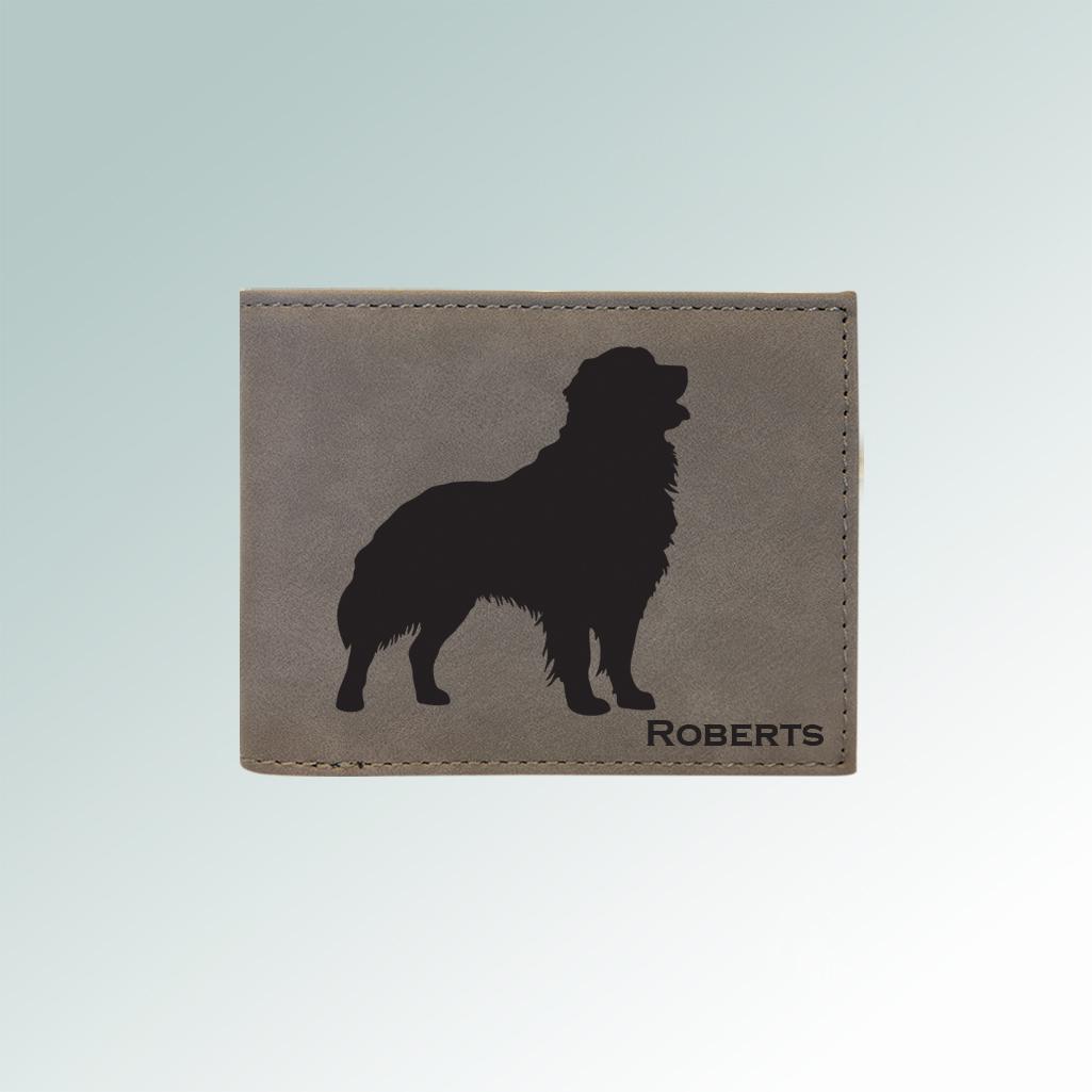 Personalized leatherette dog breed wallet with an engraved dog design and text. 100+ dog breed designs to choose from.