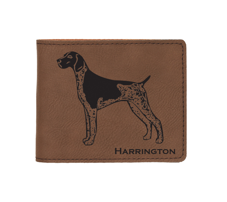 Custom engraved leatherette bi-fold wallet with dog design 3 and custom text. Dog Design Wallet