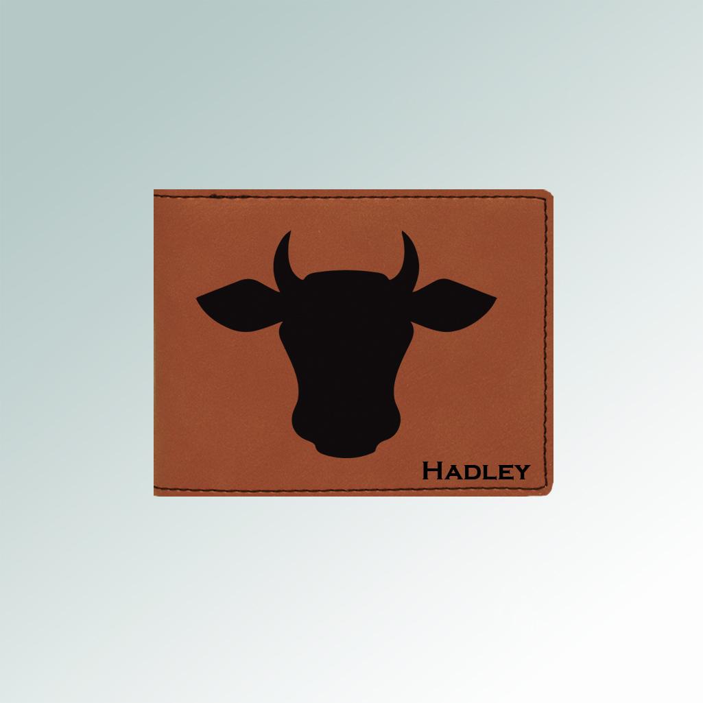 Leatherette farm animal wallet with an engraved farm animal design and text. Makes a great father's day gift. 100+ farm animal designs to choose from.