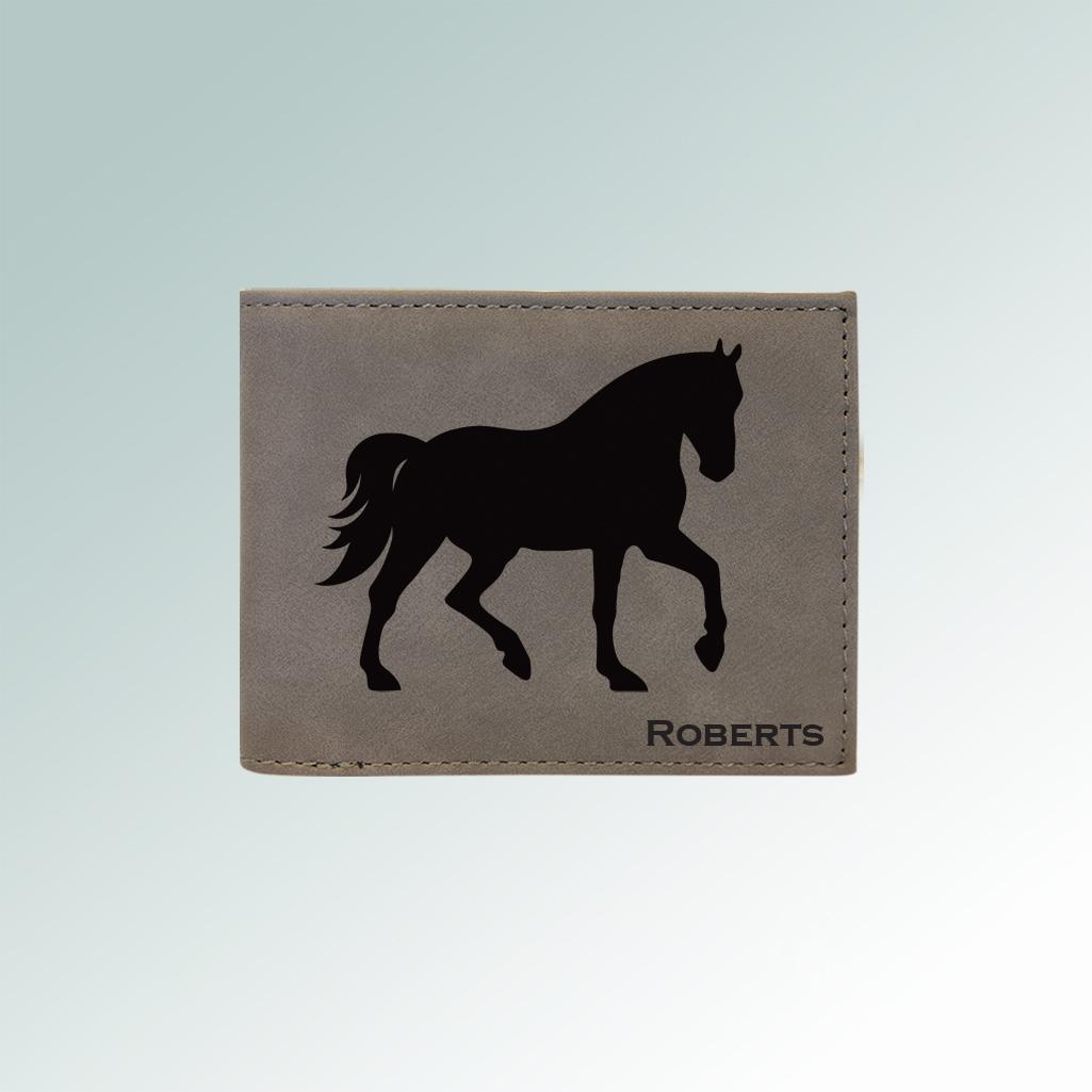 Personalized leatherette horse silhouette wallet with a engraved horse silhouette and text. 85+ horse silhouettes to choose from.