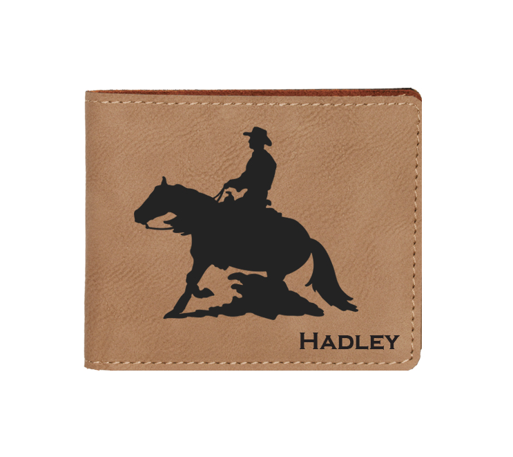 Personalized leatherette wallet with custom engraved rodeo design and text.