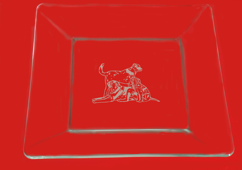 Engraved clear glass dinner plate with a custom engraved misc dog design and personalized text. Dog Design Plate