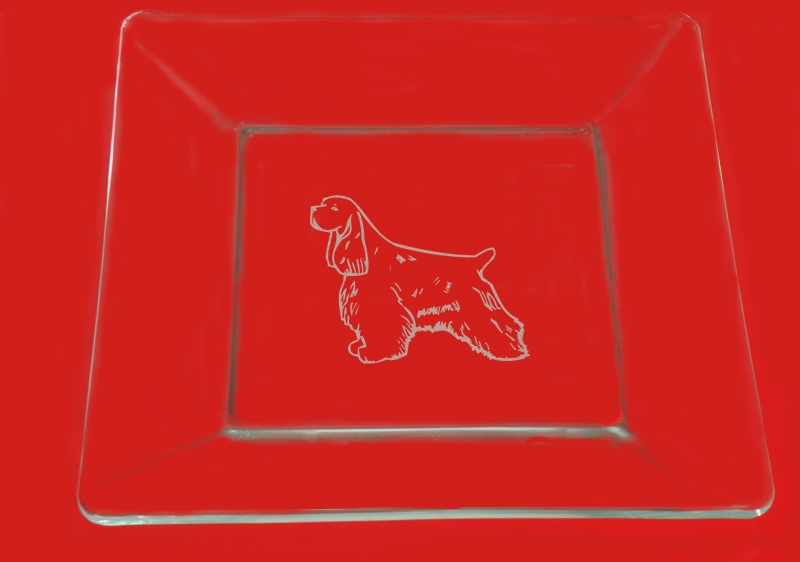 Engraved clear glass dinner plate with a custom engraved dog design 3 and personalized text. Dog Dinner Plate