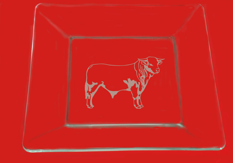 Engraved clear glass dinner plate with a custom engraved farm animal design and personalized text. Farm Animal Plate