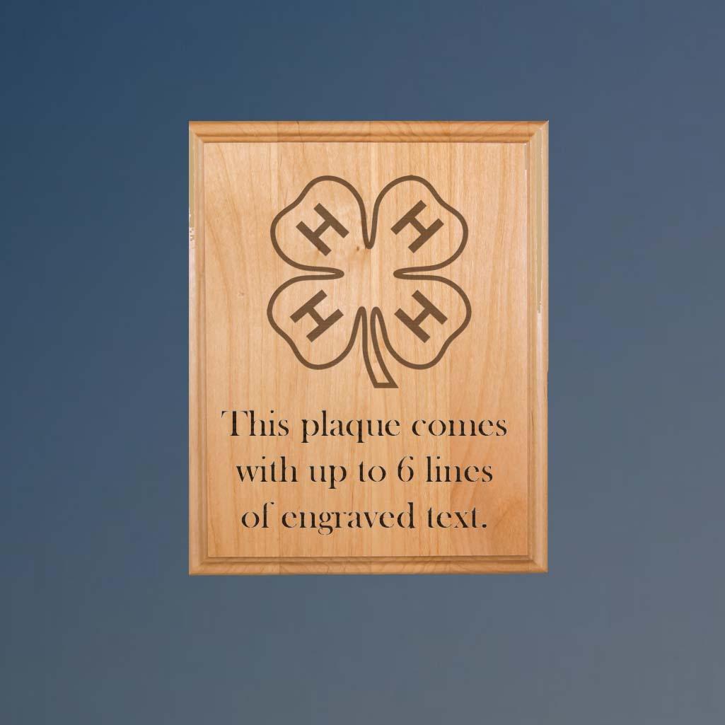 Genuine red alder 4-H plaque with an engraved 4-H logo and text. Makes great horse show award. 6+ 4-H logos to choose from.