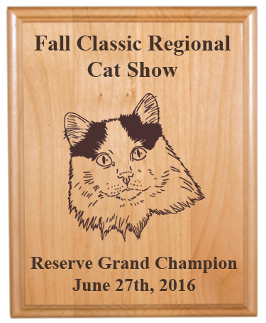 Genuine Red Alder plaque with engraved cat design and text. Makes great cat show award. Cat Plaque