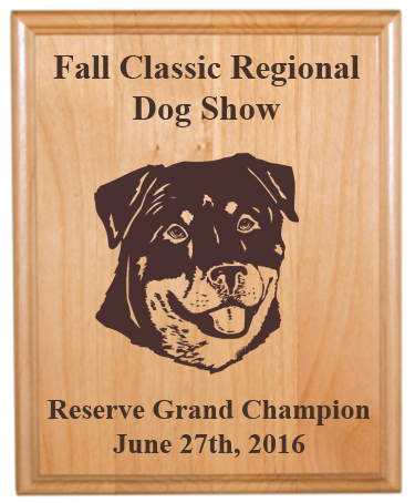 Genuine Red Alder plaque with engraved dog design 4 and text. Makes great dog show award. Dog Award