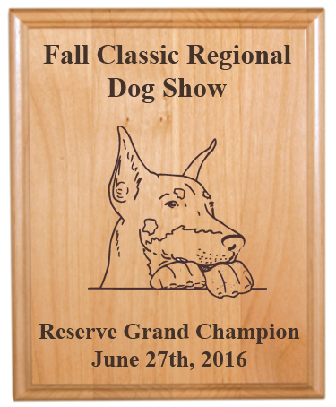 Genuine Red Alder plaque with engraved Doberman design and text. Makes great dog show award. Doberman Plaque