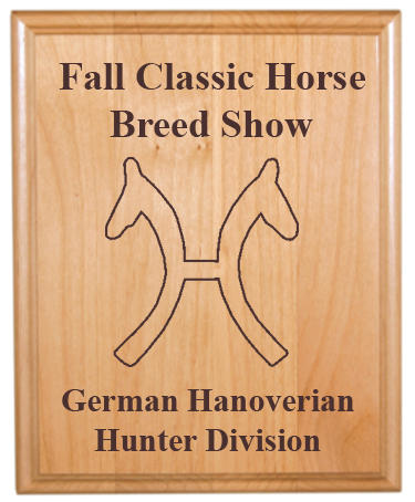 Genuine Red Alder plaque with engraved horse breed logo and text. Makes great horse show award.