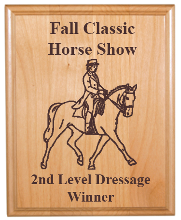 Genuine Red Alder plaque with engraved horse design and text. Makes great horse show award. Horse Plaque