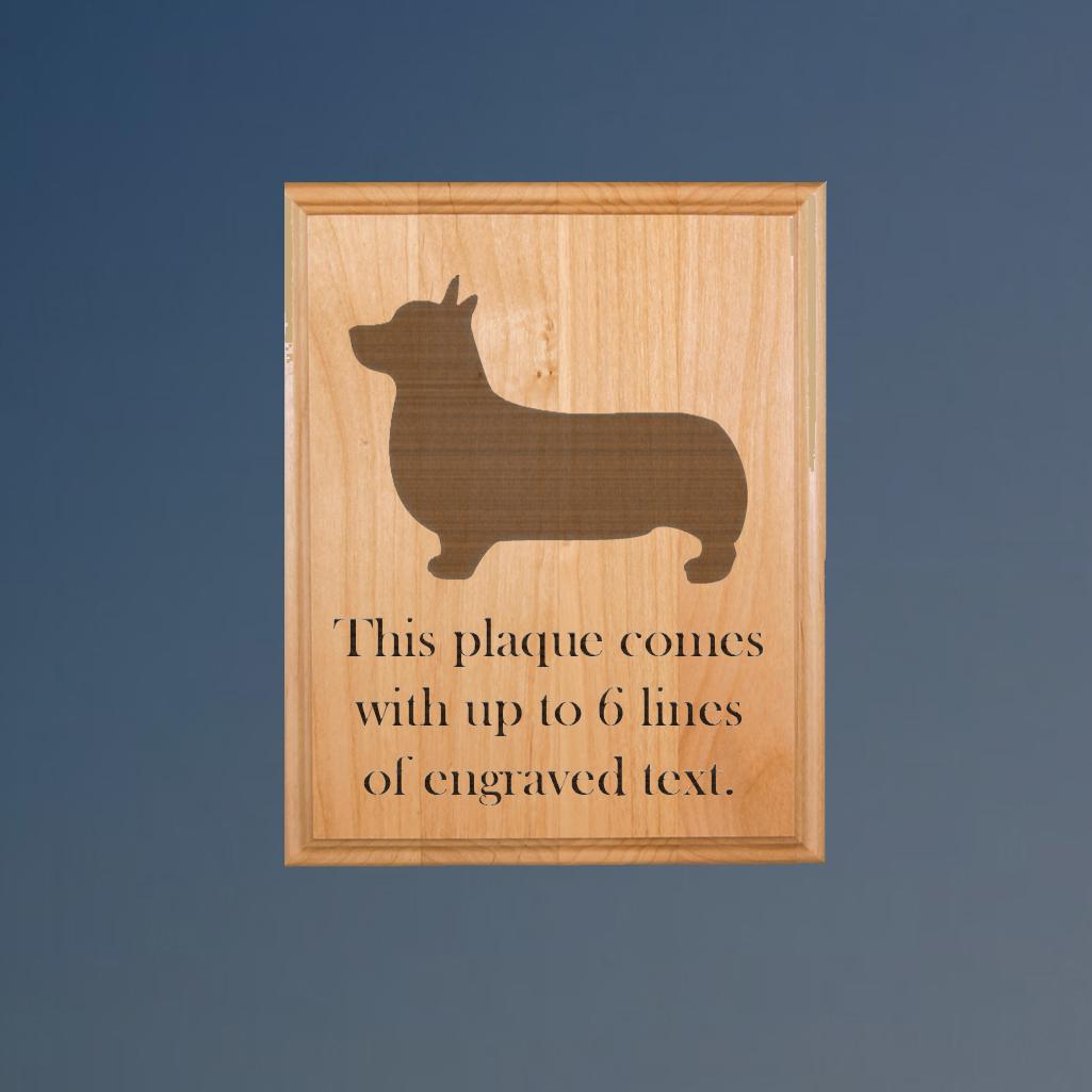 Genuine red alder corgi plaque with an engraved corgi design and text. Makes great dog show award. 100+ corgi designs to choose from.