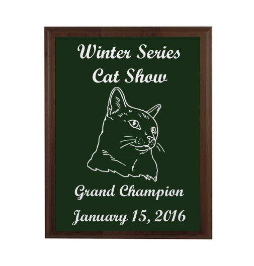 Custom engraved walnut plaque with the cat design and text of your choice. Cat Show Award